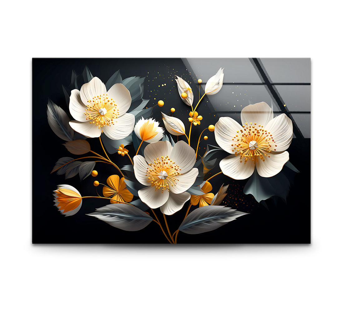 Elegant Bloom Glass Wall Art – White & Gold Floral Design