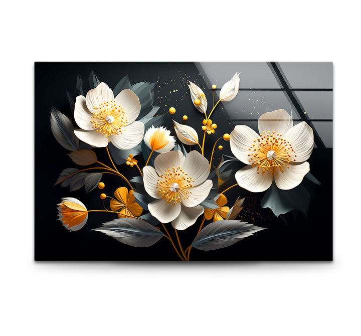 Elegant Bloom Glass Wall Art – White & Gold Floral Design