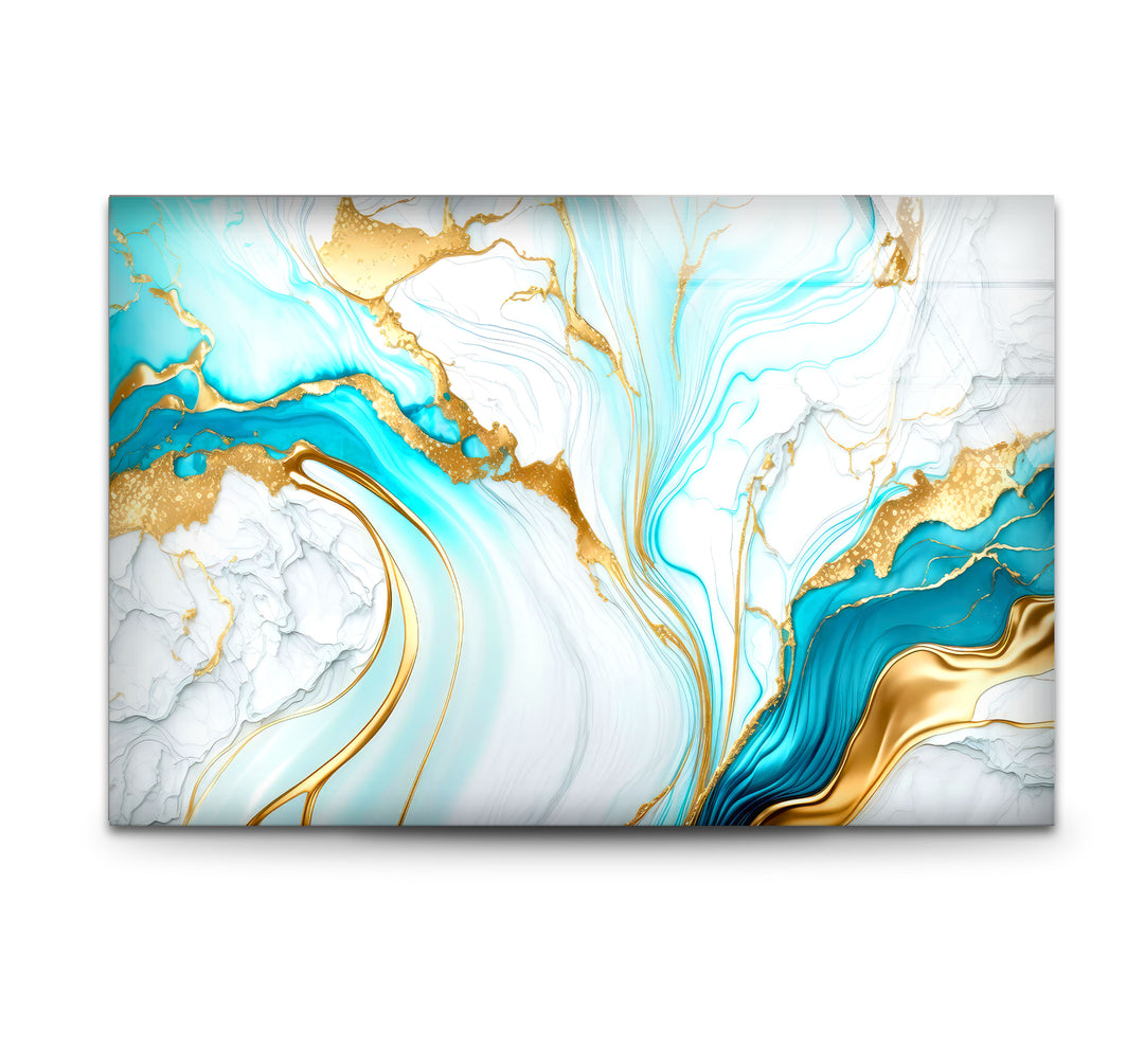 Wandkunst aus blauem und goldenem Marmor – Eleganter, fließender abstrakter Glasdruck