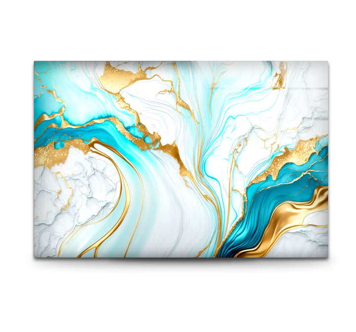 Wandkunst aus blauem und goldenem Marmor – Eleganter, fließender abstrakter Glasdruck