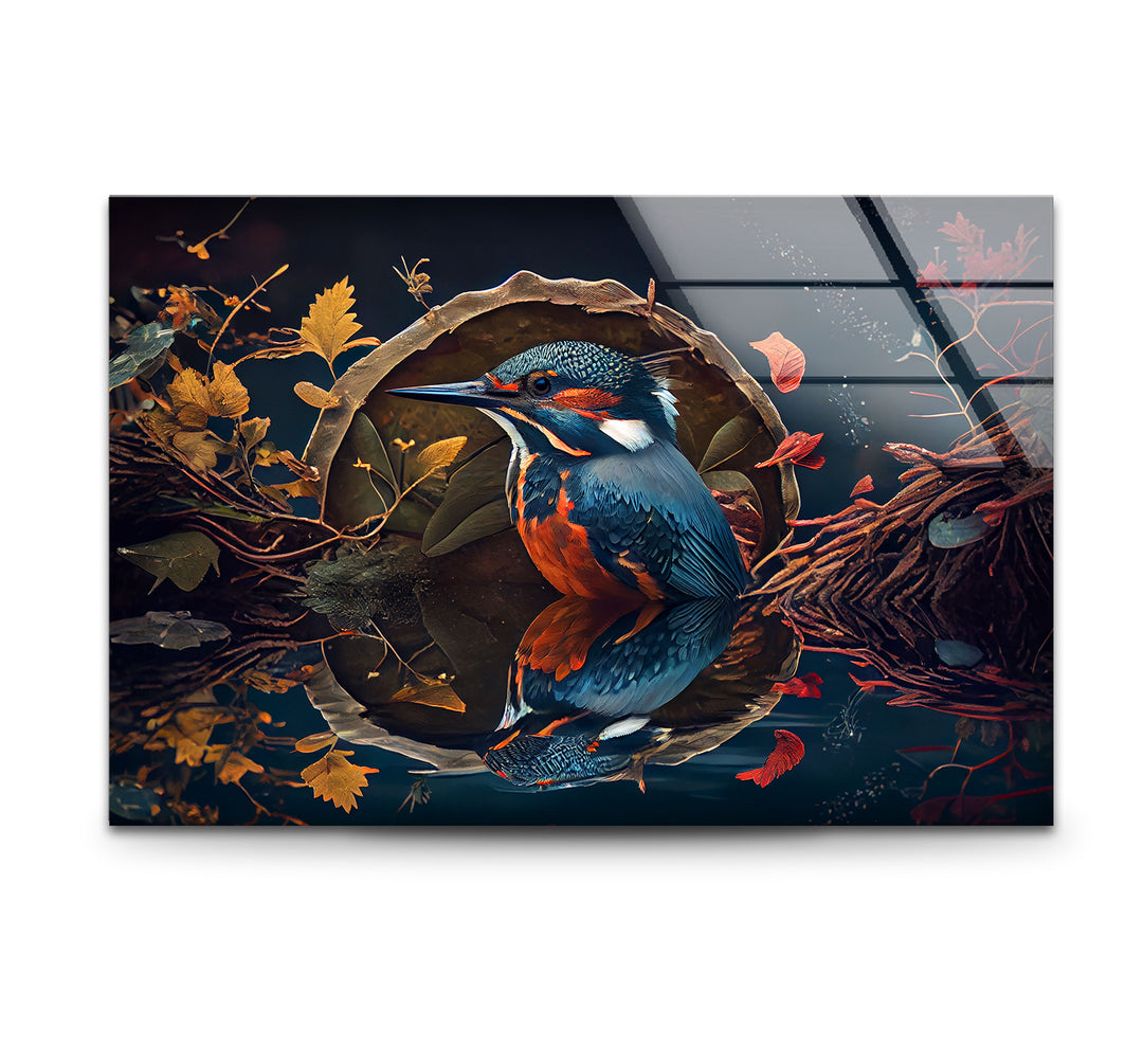 Eisvogel-Reflexion Wandkunst – Herbstwaldvogel-Glasdruck-Design