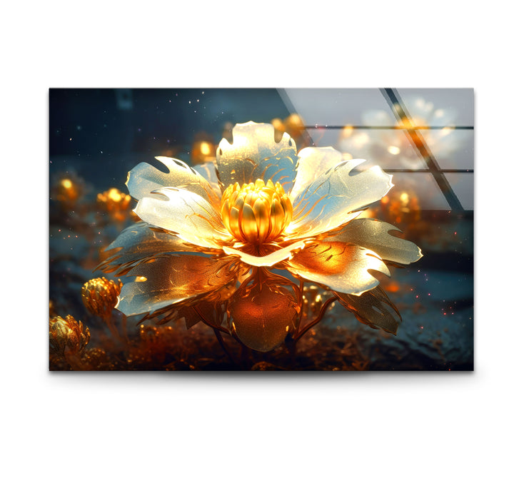Golden Bloom Glass Wall Art – Luminous Abstract Flower Print