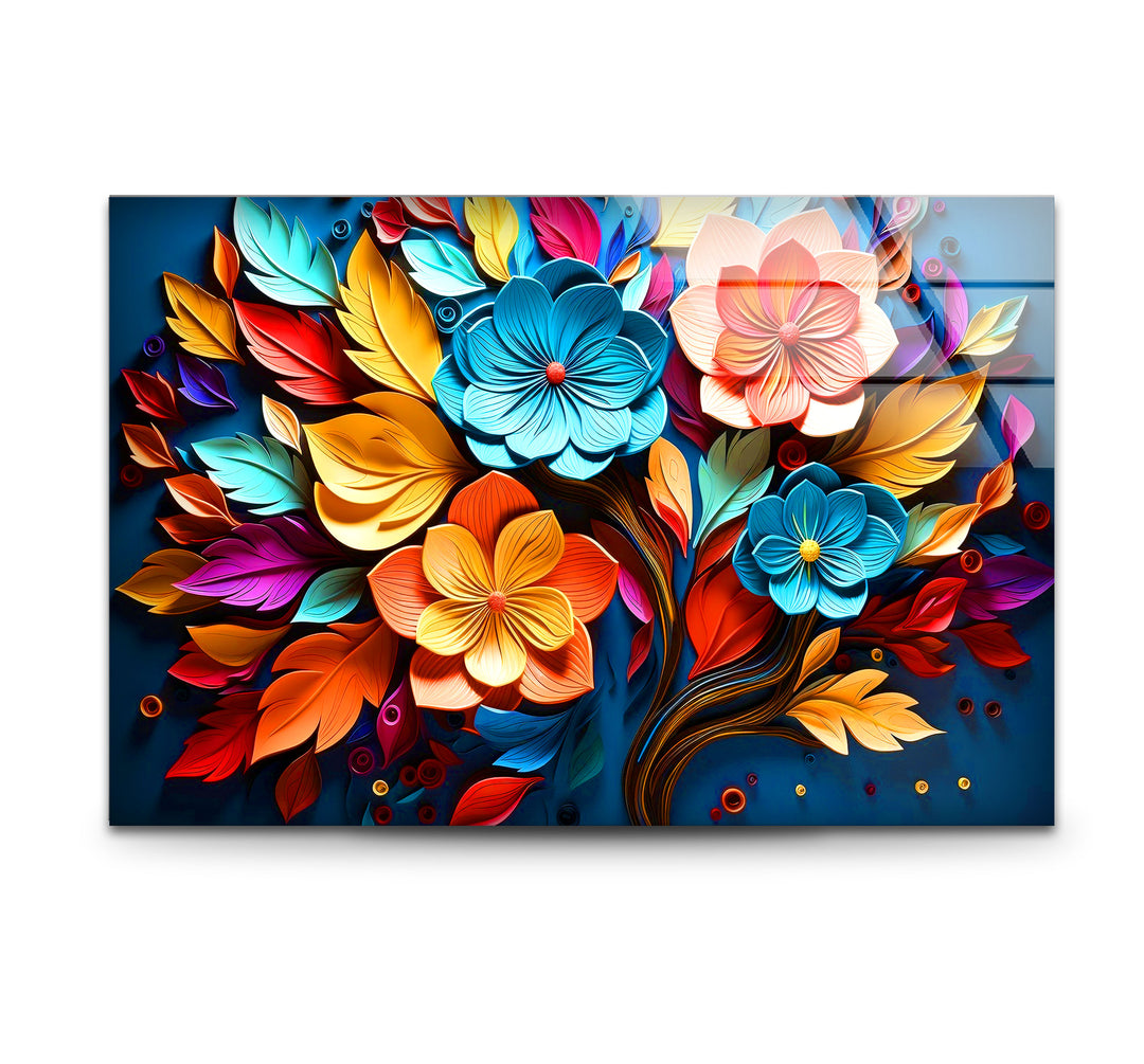 Lebendige florale Explosions-Wandkunst – Buntes Blumendesign aus gehärtetem Glas
