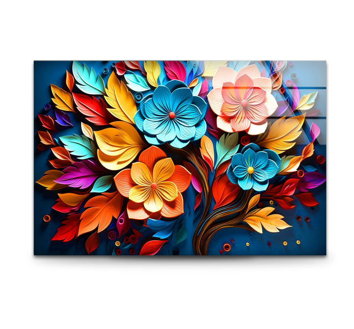 Lebendige florale Explosions-Wandkunst – Buntes Blumendesign aus gehärtetem Glas