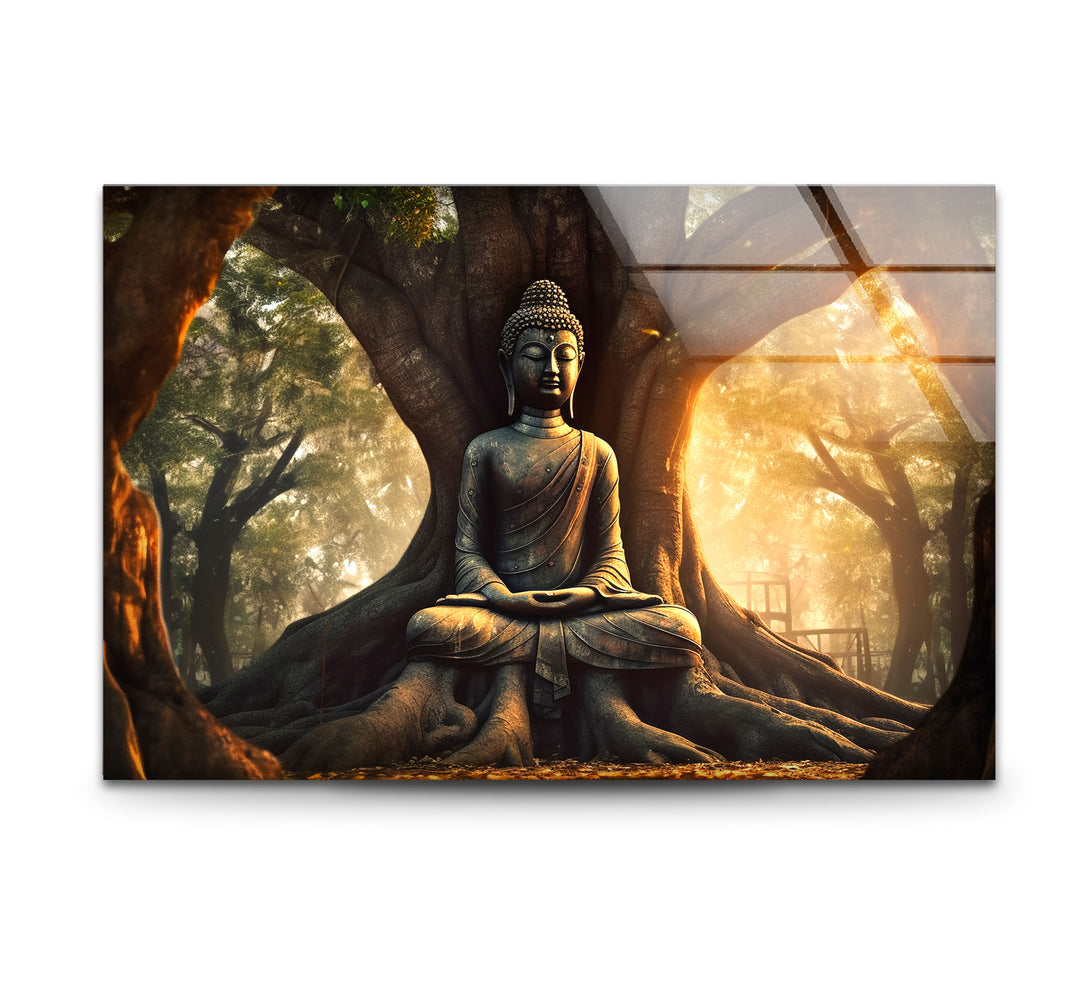 Buddha Under Tree Wall Art – Tranquil Sunrise Meditation Glass Print