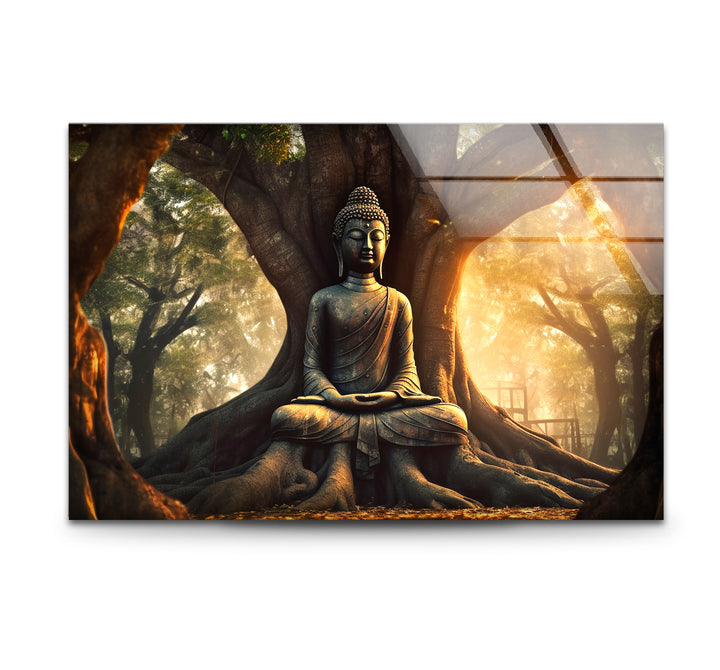 Buddha Under Tree Wall Art – Tranquil Sunrise Meditation Glass Print