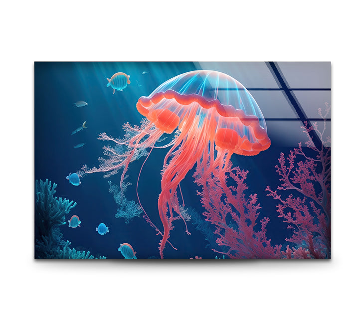 Neon Quallen Wandkunst – Unterwasser Ozean Szene Glas Druck Dekor