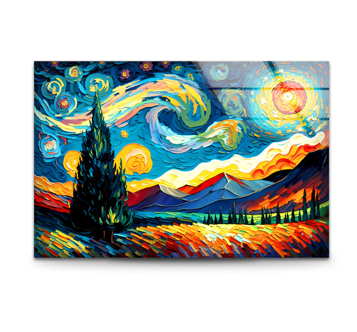 Sternennacht-Landschaftswandkunst – Van Gogh inspirierter bunter Glasdruck