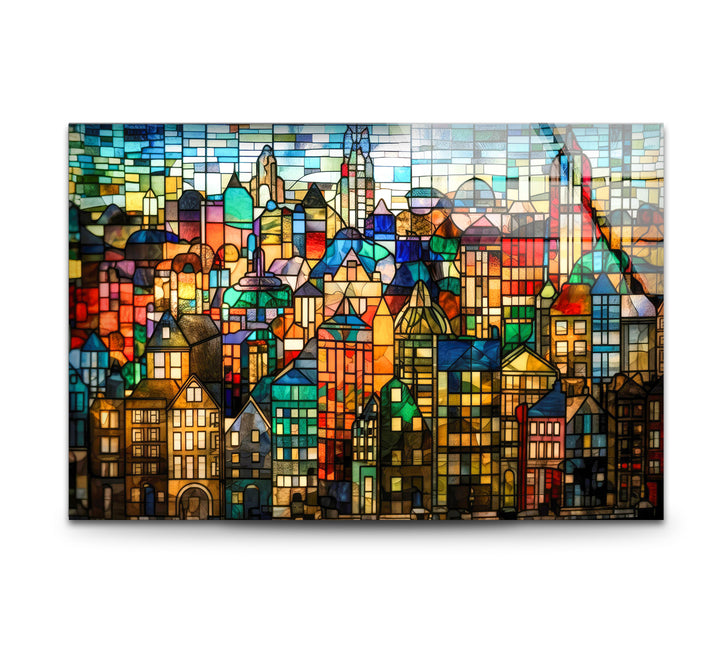 Bunte Stadtwandkunst aus Buntglas – Urban Skyline Glasdruck-Design
