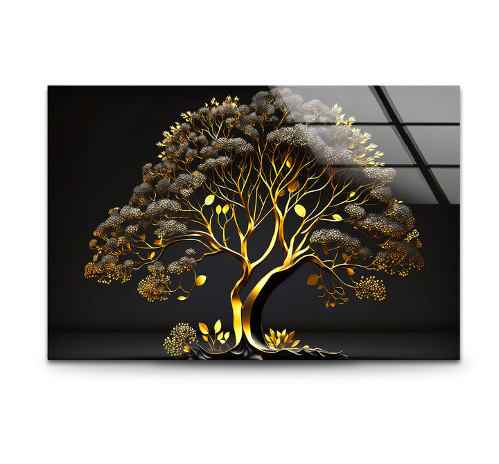 Golden Tree Wandkunst – Luxuriöses Gold- und Schwarz-Natur-Glasdruckdesign