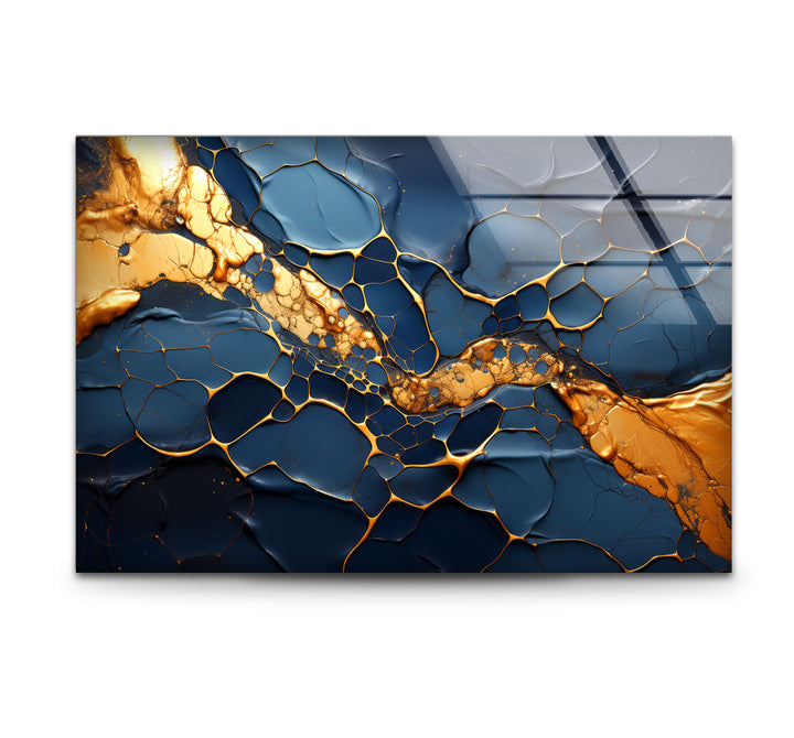 Dark Blue and Gold Abstract Wall Art – Cracked Fluid Glass Print Design