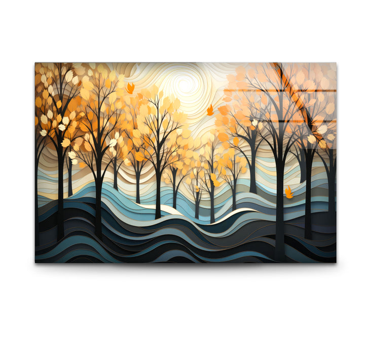 Golden Forest Glass Wall Art – Autumn Trees Abstract Landscape Decor