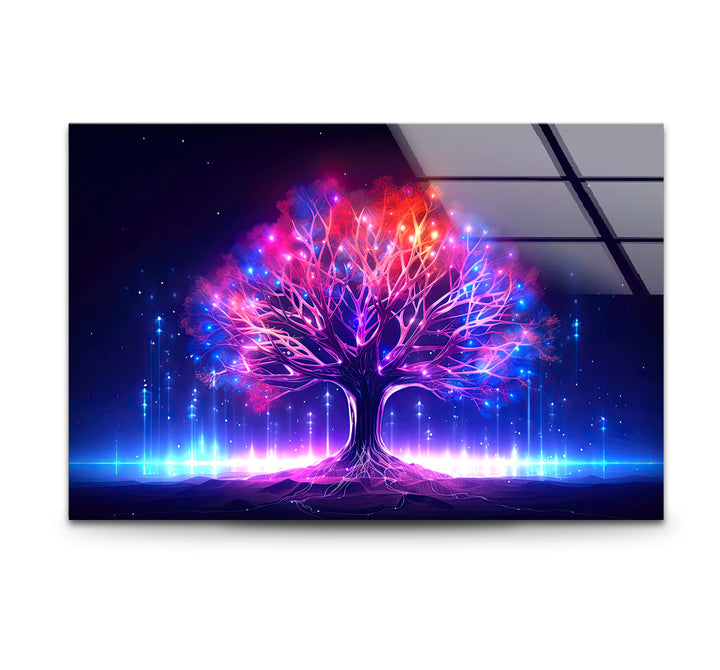Leuchtende Fantasy-Baum-Wandkunst – Abstraktes Glasdruckdesign mit Neonlicht