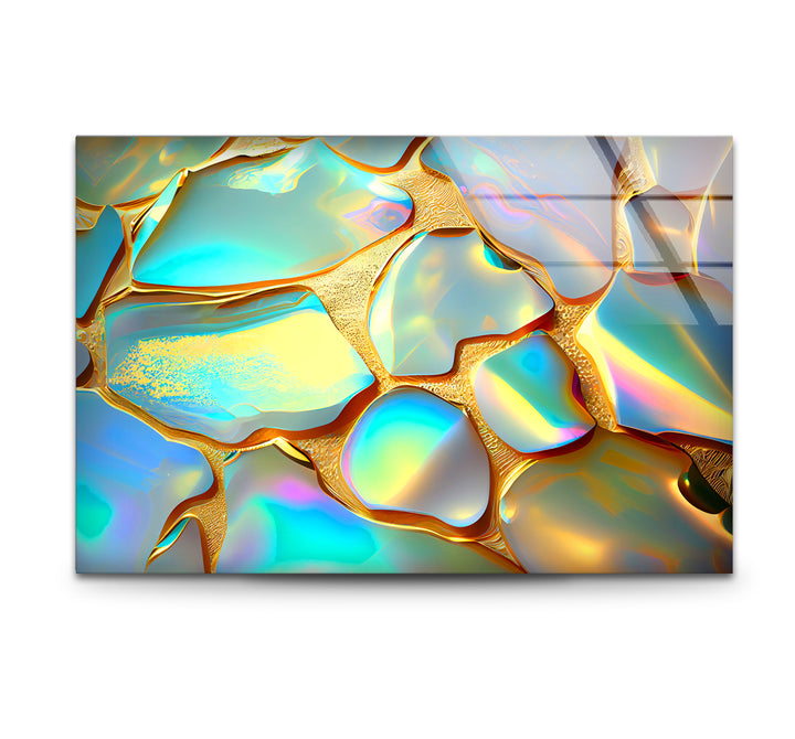 Iridescent Abstract Wall Art – Gold and Rainbow Glass Print Design