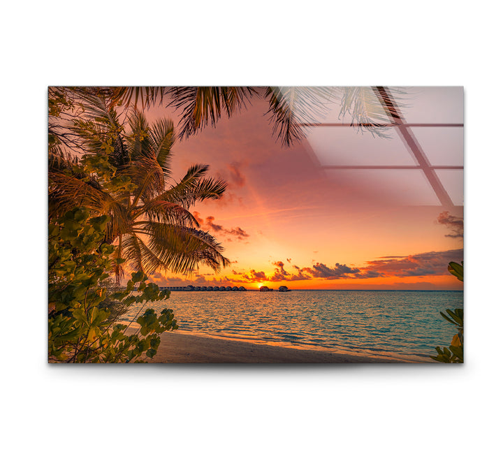 Tropical Sunset Beach Wall Art – Palm Tree Ocean View Glass Print