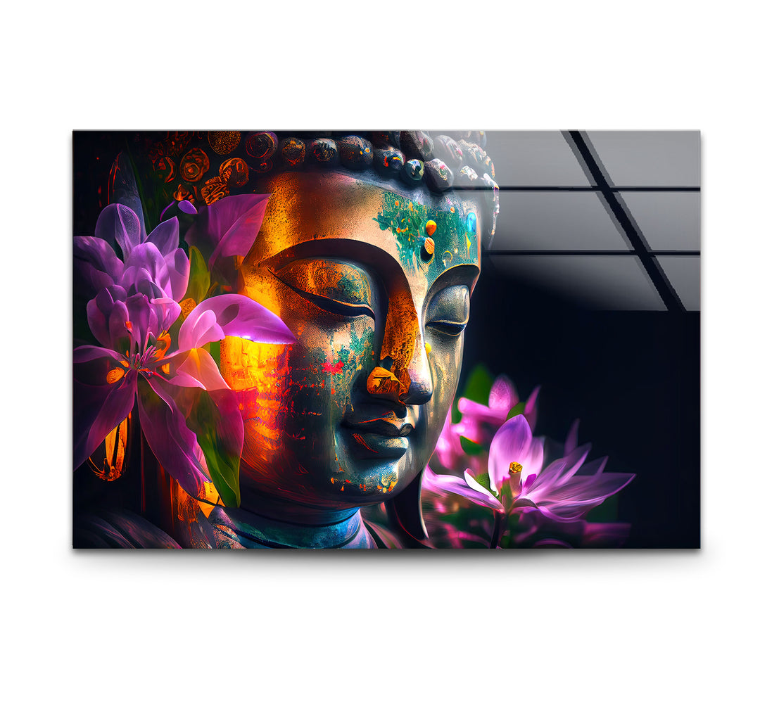 Colorful Buddha Wall Art – Floral Enlightenment Glass Print