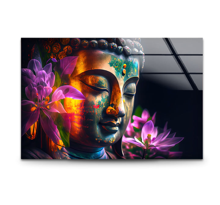Colorful Buddha Wall Art – Floral Enlightenment Glass Print