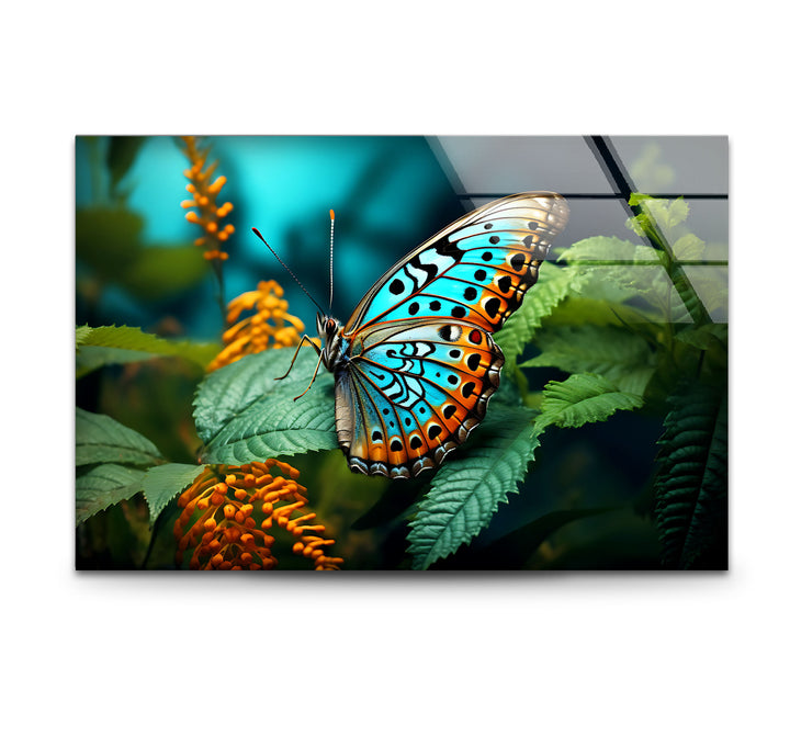 Blue Monarch Glaswandkunst – Lebendiger Schmetterling auf Blattdruck 