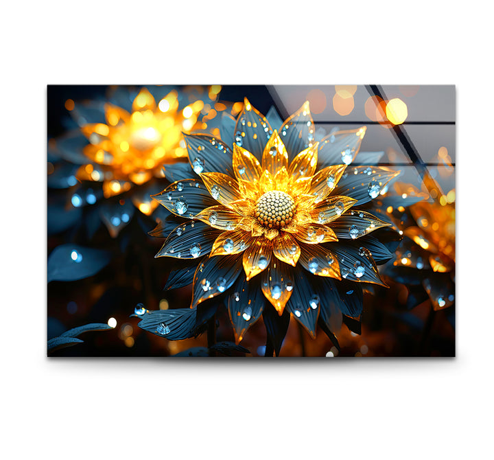 Golden Glow Floral Wall Art – Illuminated Flower Glass Print Design