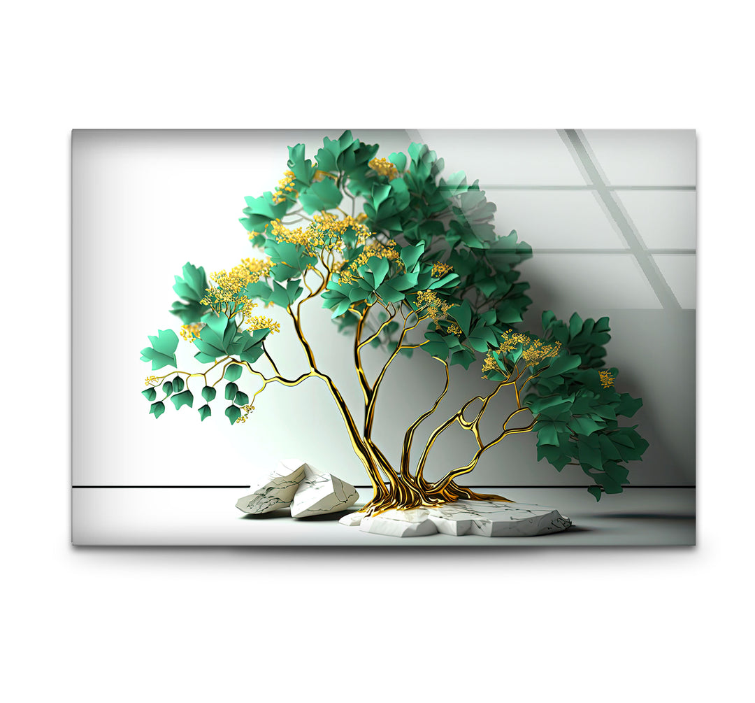 Elegante grüne Baum-Wandkunst – Goldener botanischer Glasdruck mit Marmorsockel