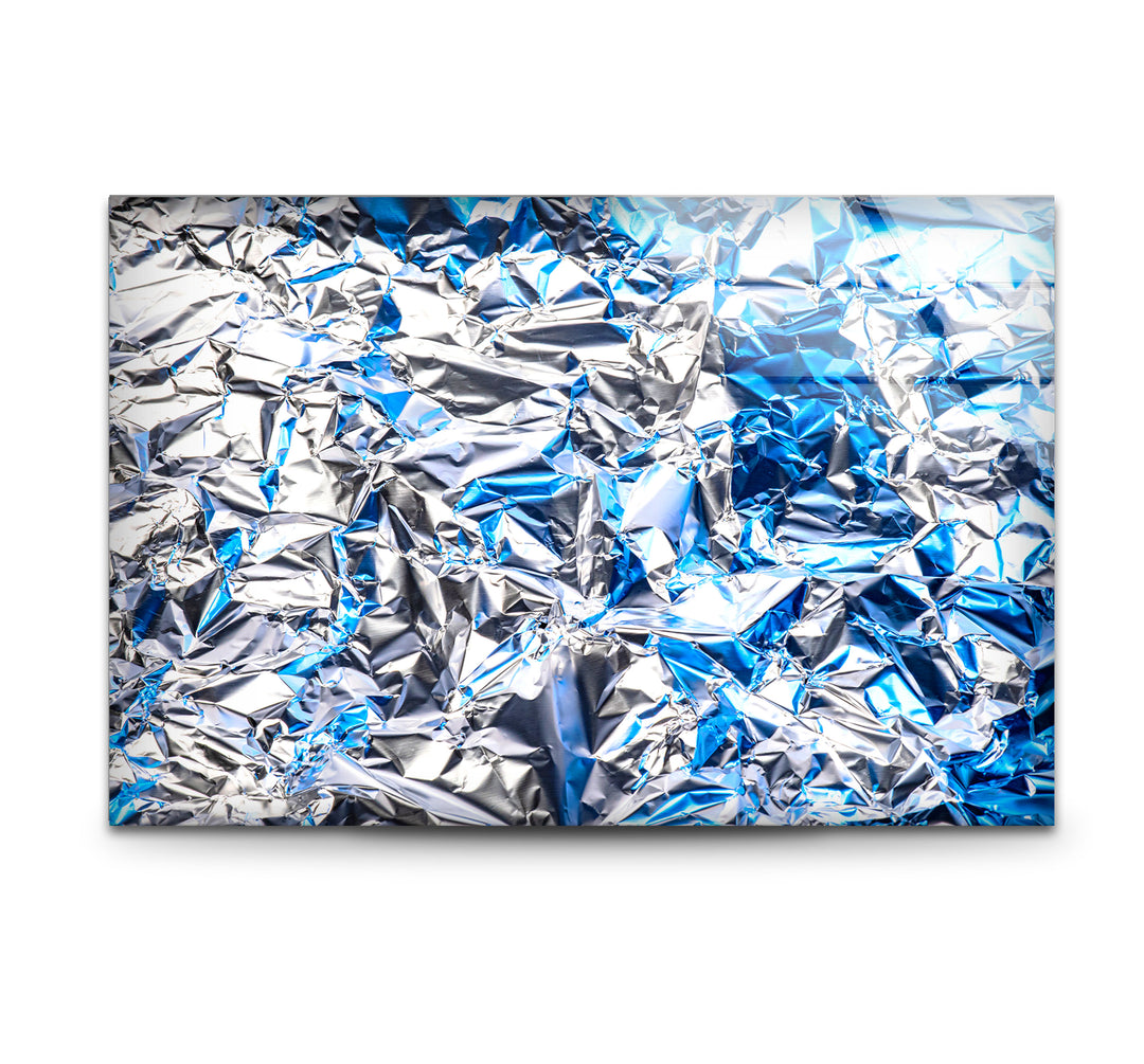 Crinkled Silver Foil Wall Art – Abstract Metallic Texture Glass Print