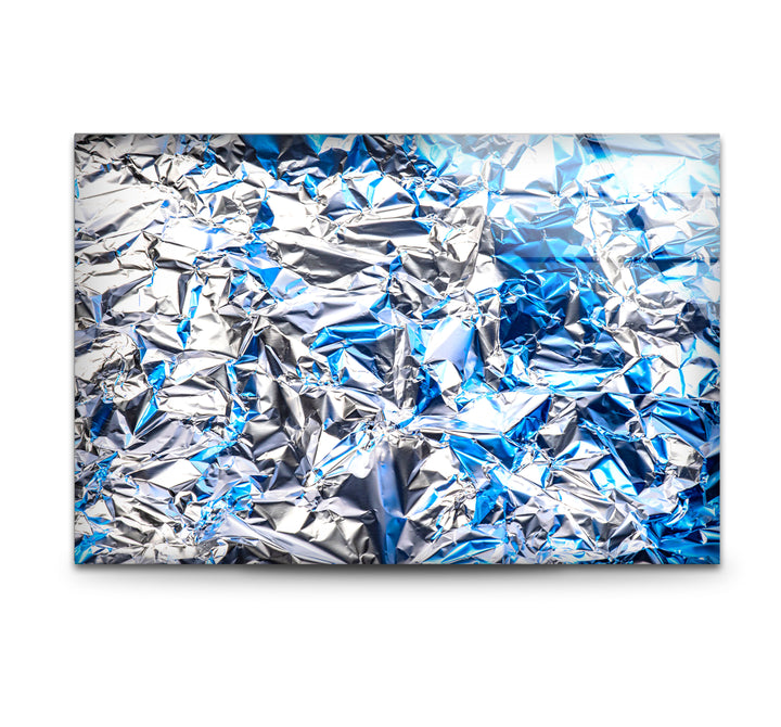 Crinkled Silver Foil Wall Art – Abstract Metallic Texture Glass Print
