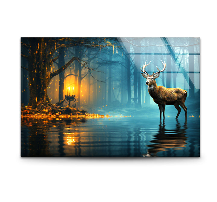 Mystische Wald Hirsch Wandkunst – Verzauberte Natur Glasdruck Dekor