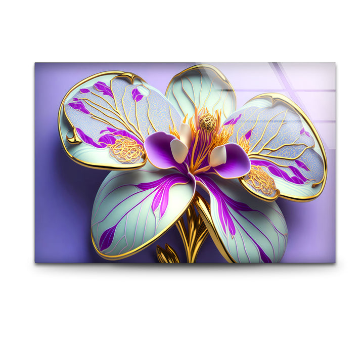 Luxuriöse Wandkunst mit Orchideenblüte – Lila- und Goldblumen-Glasdruck
