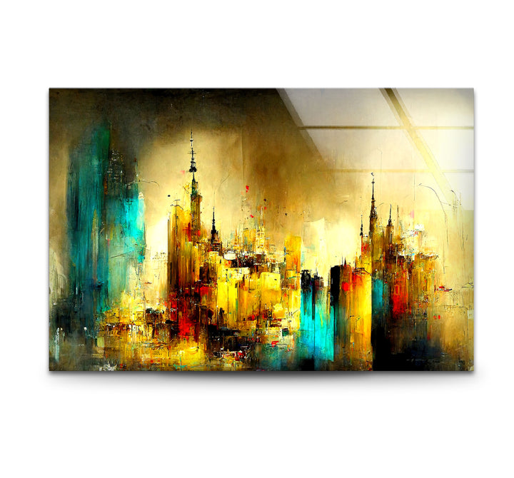 Abstract Cityscape Wall Art – Golden and Teal Urban Glass Print Design