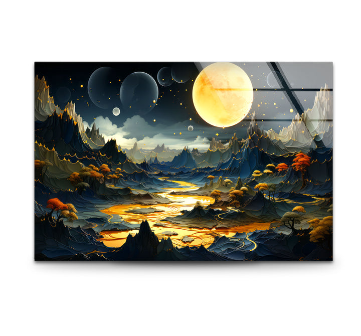 Fantasy Moonlit Landscape Wall Art – Surreal Glass Print with Golden River