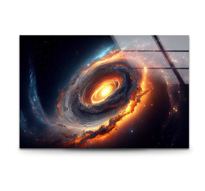 Feurige Galaxie-Spiralwandkunst – Glasdruck mit Weltraumnebel 