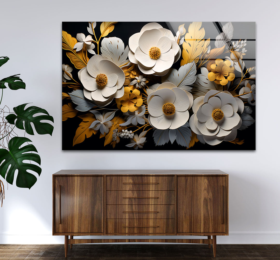 Luxuriöse florale Glaswandkunst – Gold- und weißes 3D-Blumendesign 