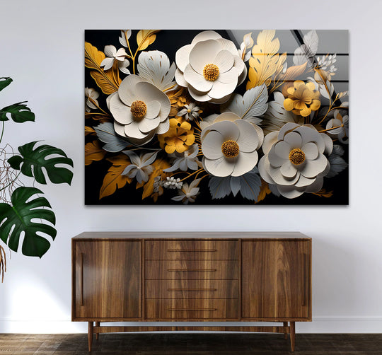 Featuring abstract quality, the luxury floral glass wall artwork displays a striking 3D flower design in white and gold, adding an elegant touch.