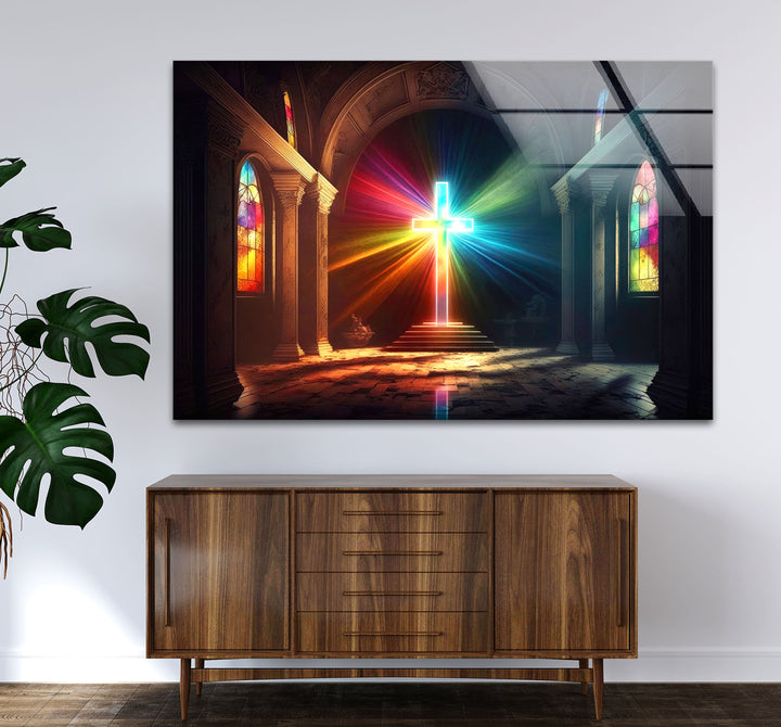 Radiant Cross Wall Art – Colorful Light Burst Christian Glass Print