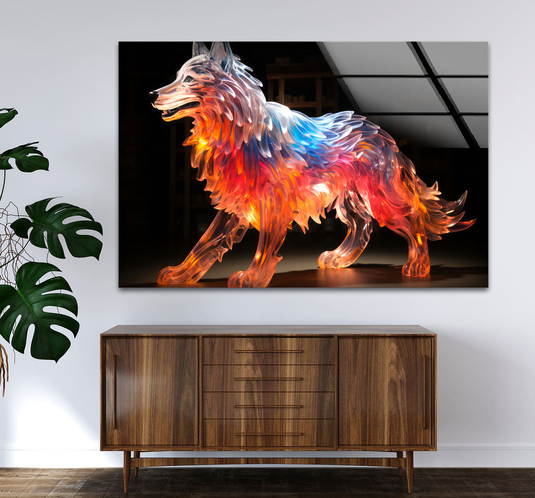 Glowing Wolf Wall Art – Abstract Fiery Glass Sculpture Print Design