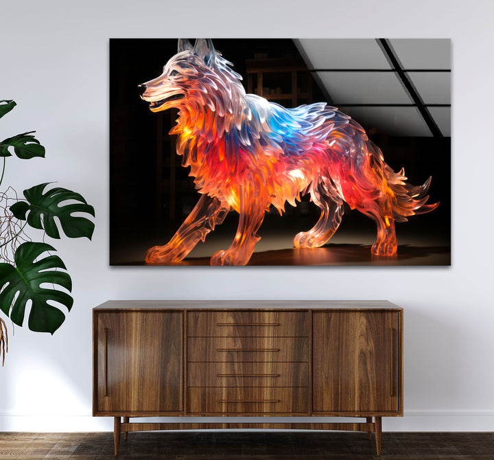 Glowing Wolf Wall Art – Abstract Fiery Glass Sculpture Print Design