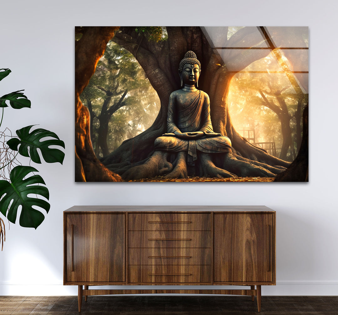 Buddha Under Tree Wall Art – Tranquil Sunrise Meditation Glass Print