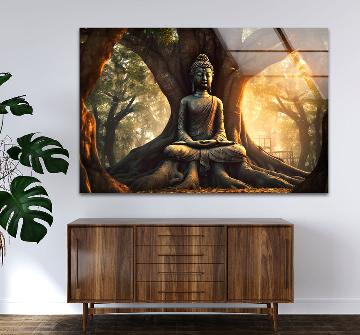 Buddha Under Tree Wall Art – Tranquil Sunrise Meditation Glass Print