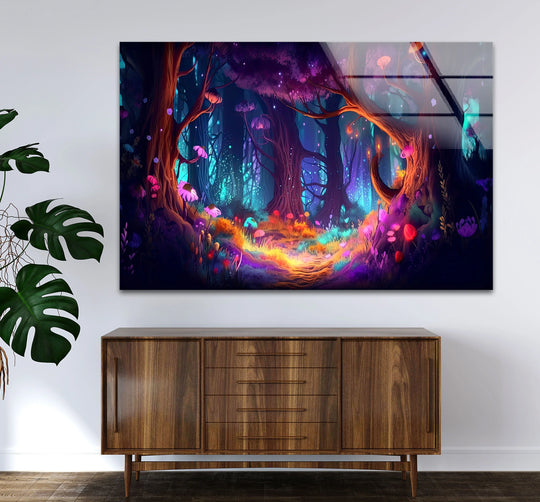 Organic forms define this enchanted forest wall art with a mystical glow, a fantasy glass print ideal for adding a touch of whimsical home decoration.