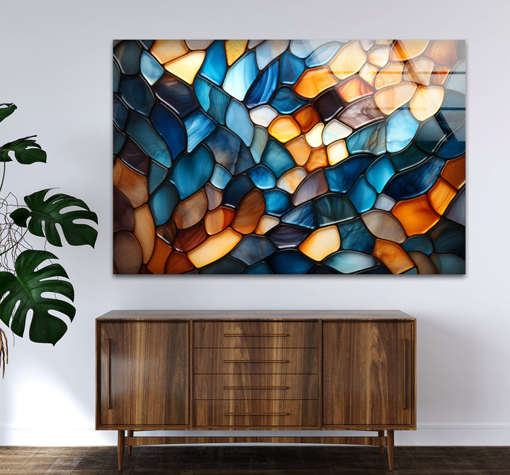 Wandbild mit Buntglasmuster – Abstrakter blauer und bernsteinfarbener Glasdruck 