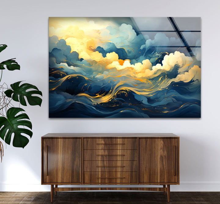 Goldener Himmel &amp; Meereswellen Wandkunst – Abstrakter Glasdruck von Dreamy Horizon 