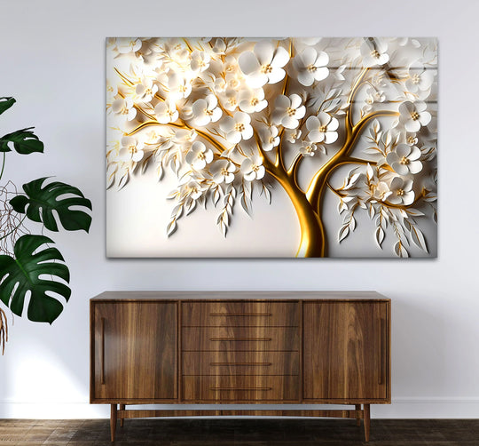 Showcasing the layering effect in this golden blossom tree wall art, the white floral glass art painting creates a visually elegant decor.