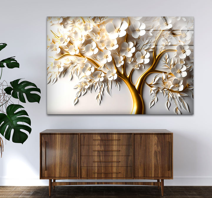 Golden Blossom Tree Wandkunst – Weißes Blumenglaskunstwerk für elegantes Dekor