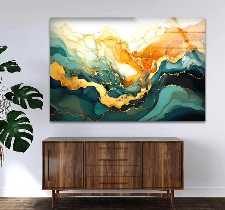 Golden Horizon Abstract Wall Art – Emerald & Gold Tempered Glass Print