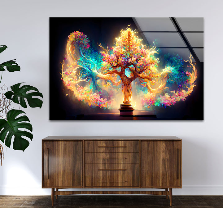 Fantasy-Baum des Lebens Wandkunst – Strahlendes, magisch leuchtendes Glasdruck-Design