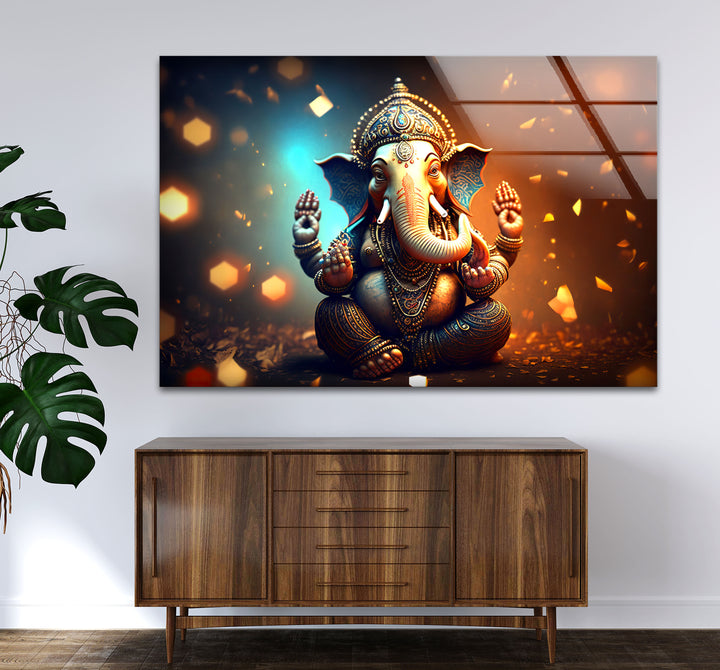 Golden Lord Ganesha Wall Art – Spiritual Glass Print for Sacred Decor