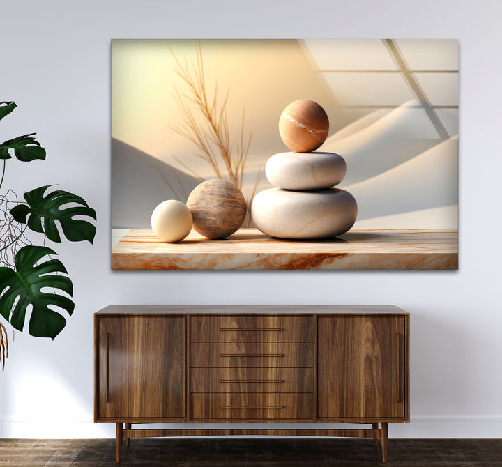 Zen Balance Glaswandkunst – Minimalistische Steinskulptur im Wüstenlicht 