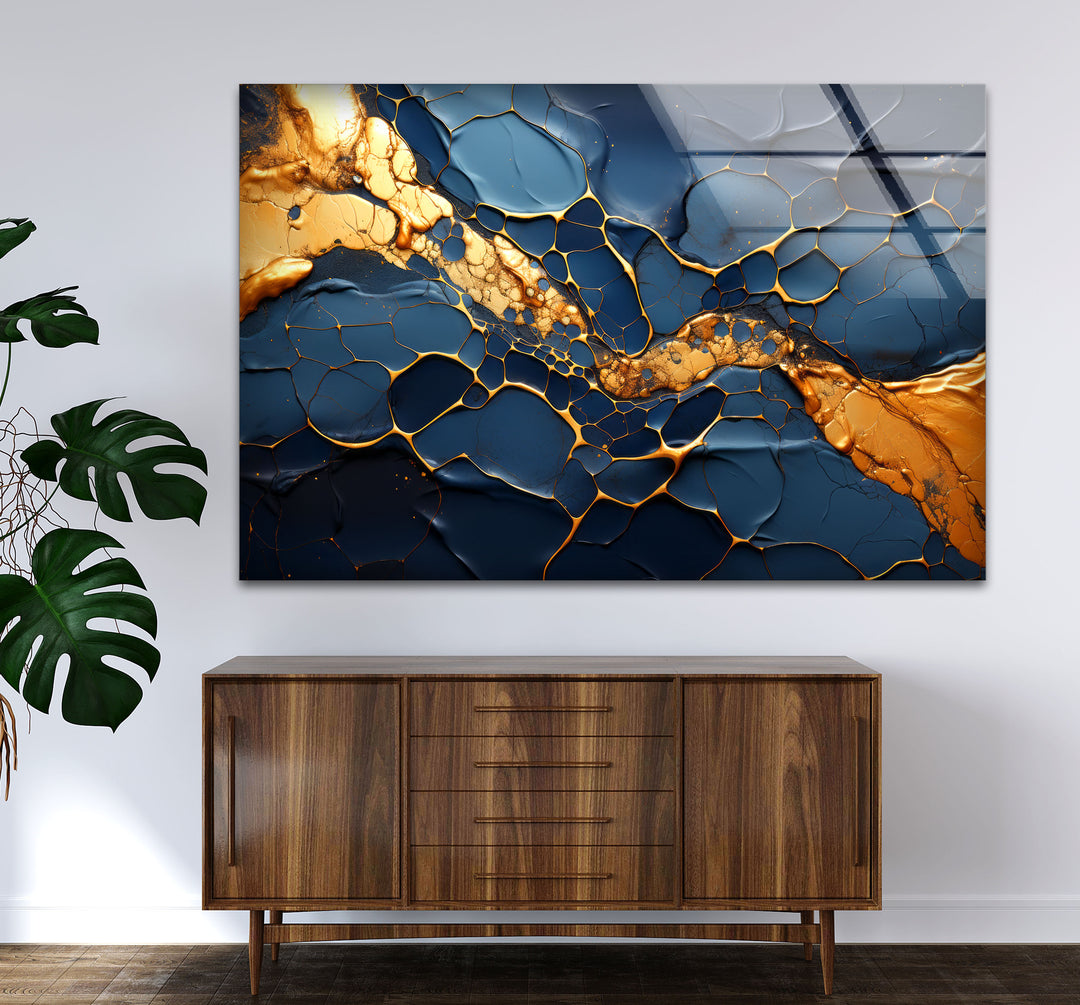 Dark Blue and Gold Abstract Wall Art – Cracked Fluid Glass Print Design