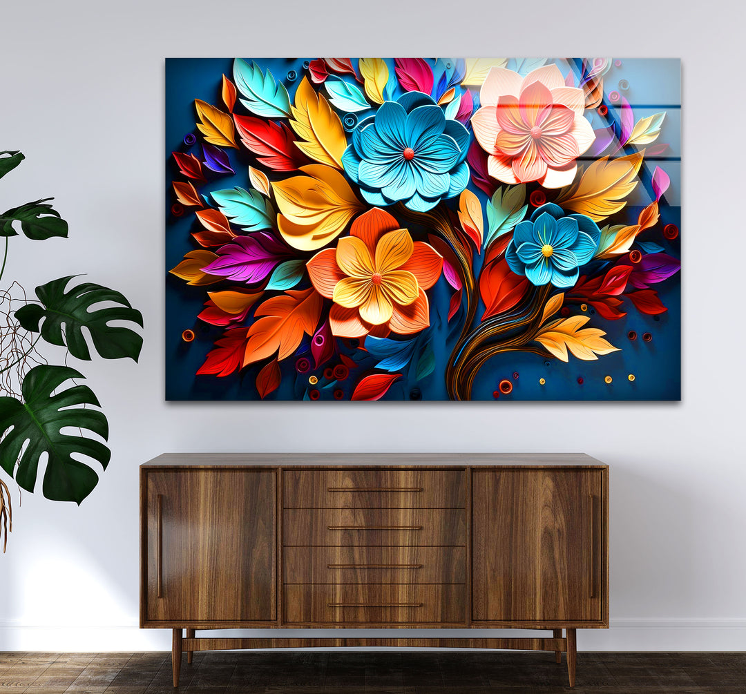 Lebendige florale Explosions-Wandkunst – Buntes Blumendesign aus gehärtetem Glas