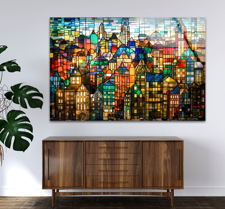 Bunte Stadtwandkunst aus Buntglas – Urban Skyline Glasdruck-Design